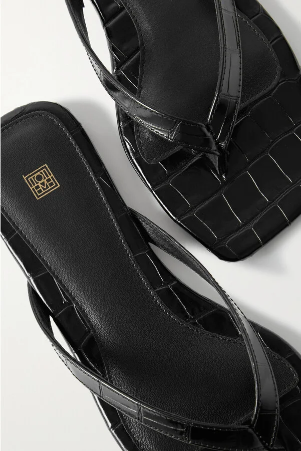 TOTEME - Croc-effect Leather Flip Flops - Black - Image 4