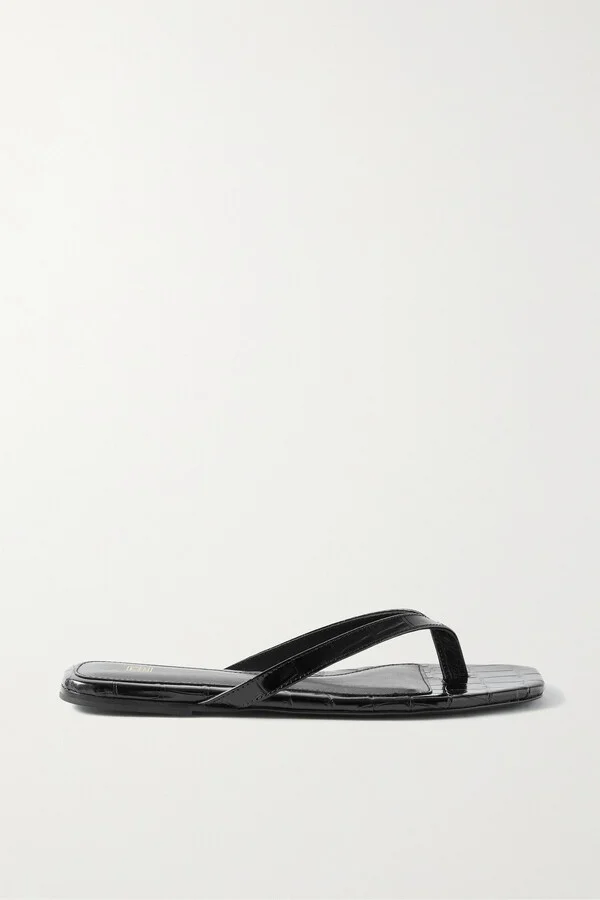 TOTEME - Croc-effect Leather Flip Flops - Black - Image 5
