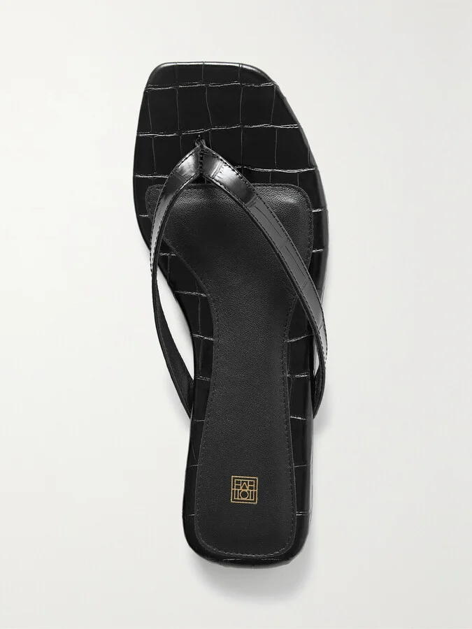 TOTEME - Croc-effect Leather Flip Flops - Black