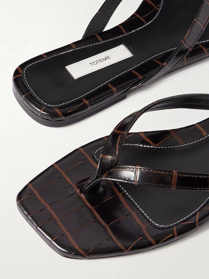 TOTEME - Croc-effect Leather Flip Flops - Brown - Image 4