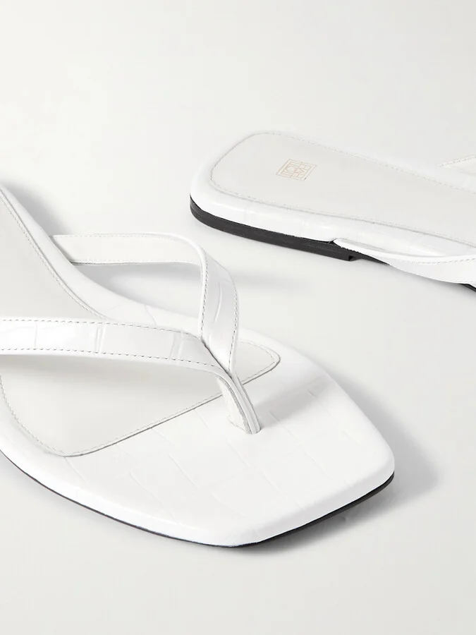 TOTEME - Croc-effect Leather Flip Flops - White - Image 4