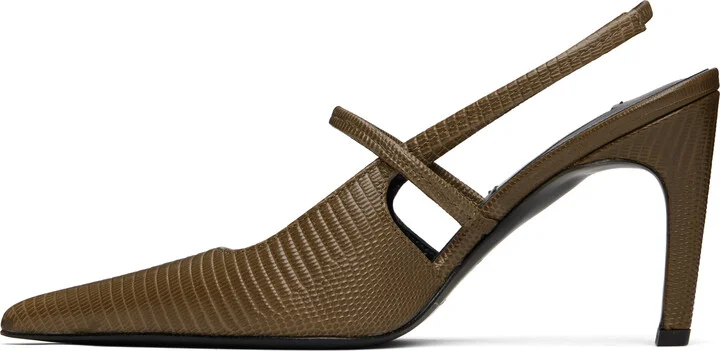 TOTEME Khaki Lizard-Embossed Stiletto Slingback Heels - Image 3