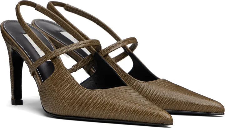 TOTEME Khaki Lizard-Embossed Stiletto Slingback Heels - Image 4