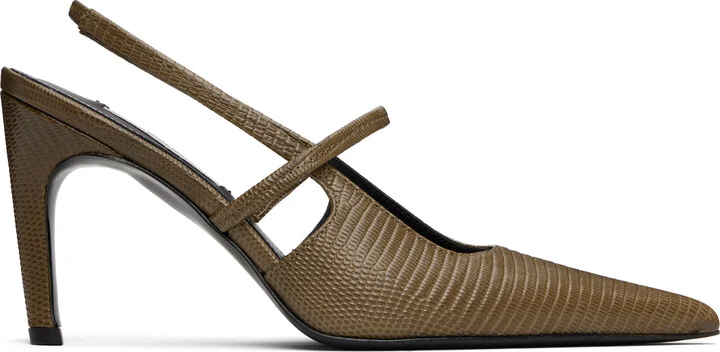 TOTEME Khaki Lizard-Embossed Stiletto Slingback Heels