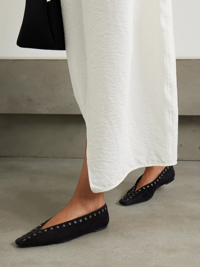 TOTEME - Lace-up Eyelet-embellished Suede Ballet Flats - Black - Image 2