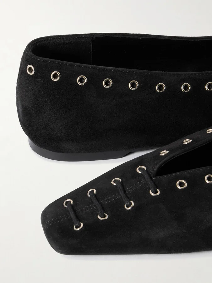 TOTEME - Lace-up Eyelet-embellished Suede Ballet Flats - Black - Image 4