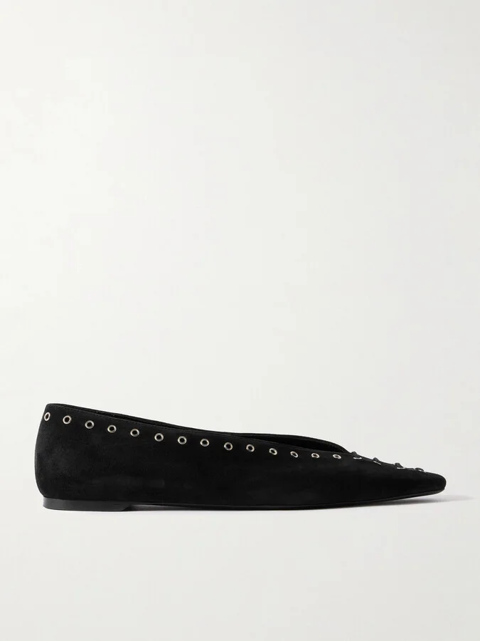 TOTEME - Lace-up Eyelet-embellished Suede Ballet Flats - Black - Image 5