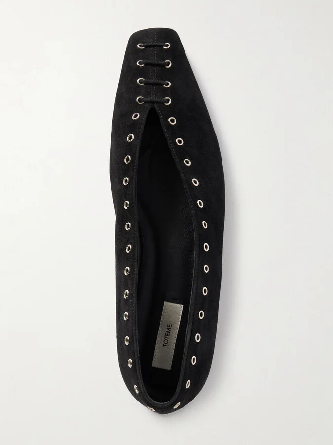 TOTEME - Lace-up Eyelet-embellished Suede Ballet Flats - Black