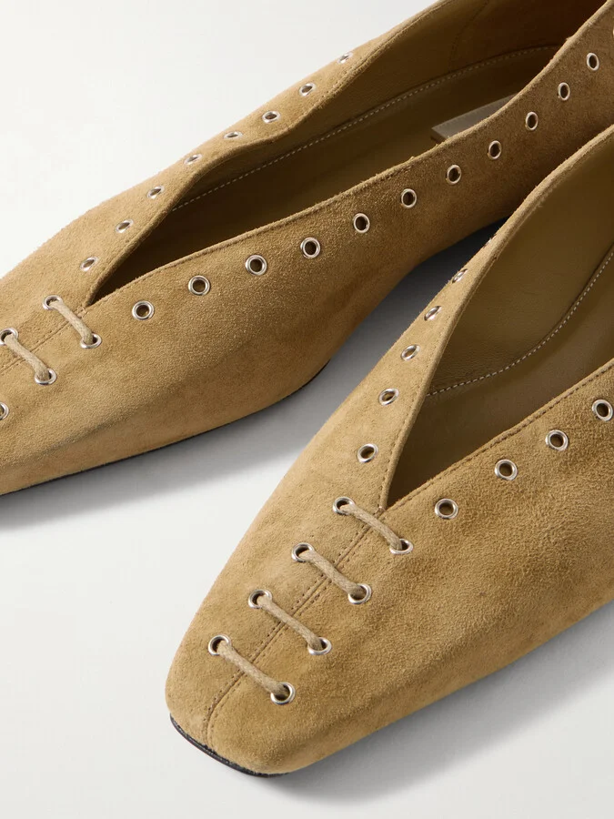 TOTEME - Lace-up Eyelet-embellished Suede Ballet Flats - Brown - Image 4
