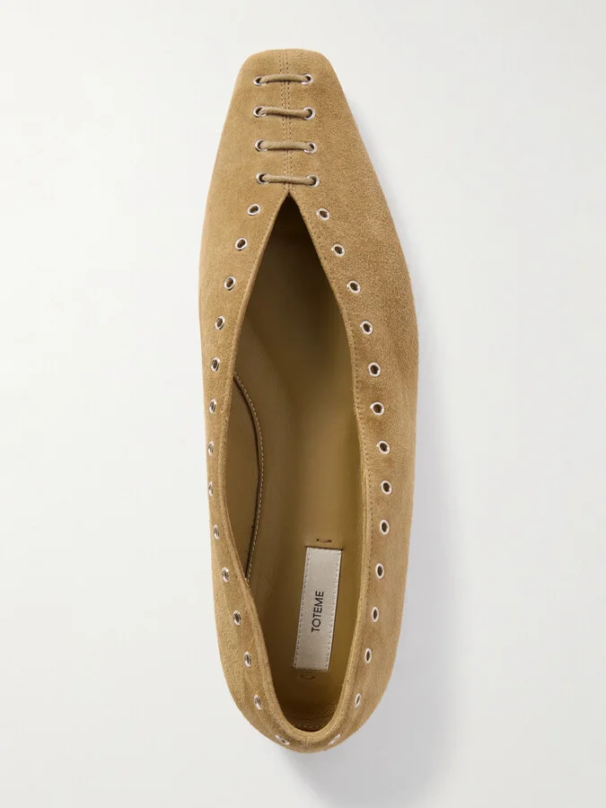 TOTEME - Lace-up Eyelet-embellished Suede Ballet Flats - Brown