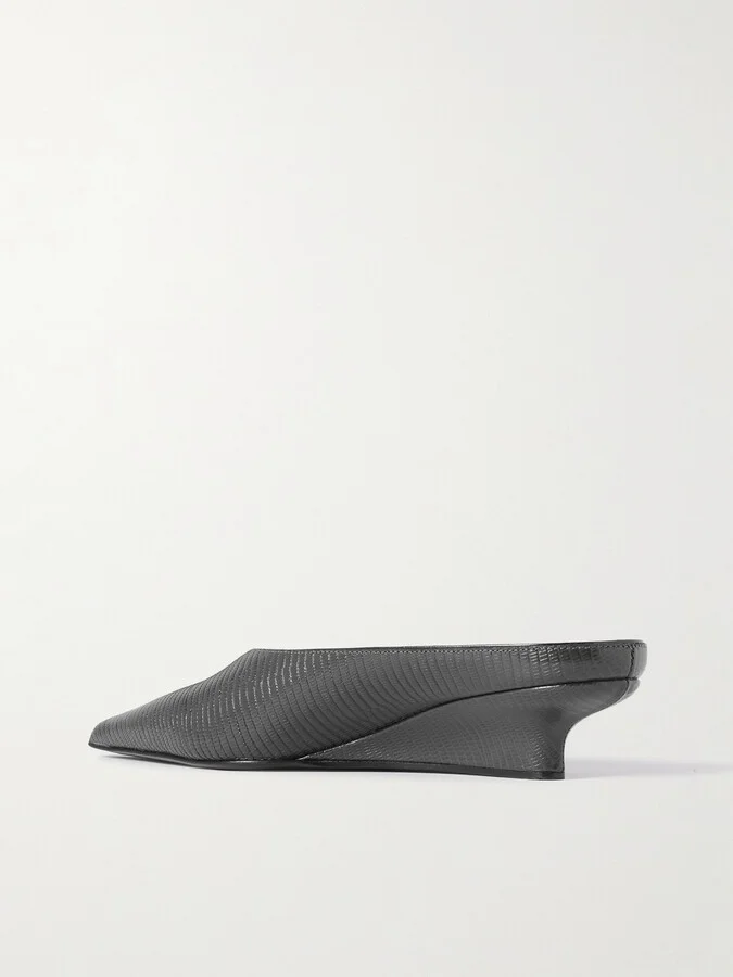 TOTEME - Lizard-effect Leather Wedge Mules - Gray - Image 3