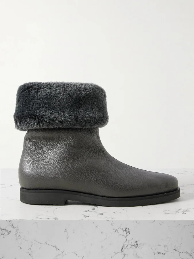 TOTEME - Plush-trimmed Textured-leather Ankle Boots - Gray