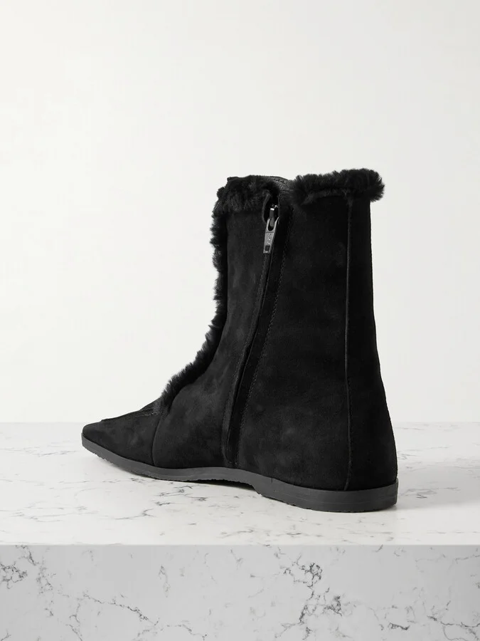 TOTEME - Shearling-trimmed Suede Ankle Boots - Black - Image 3