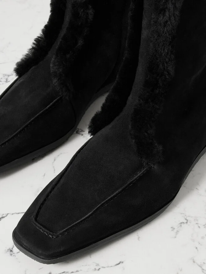 TOTEME - Shearling-trimmed Suede Ankle Boots - Black - Image 4