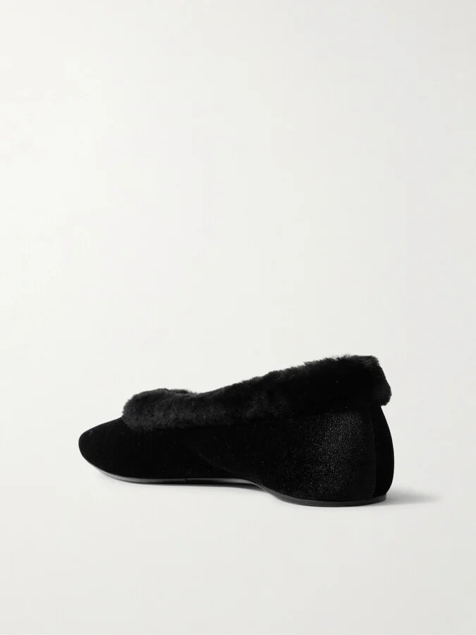 TOTEME - Shearling-trimmed Velvet Ballet Flats - Black - Image 3