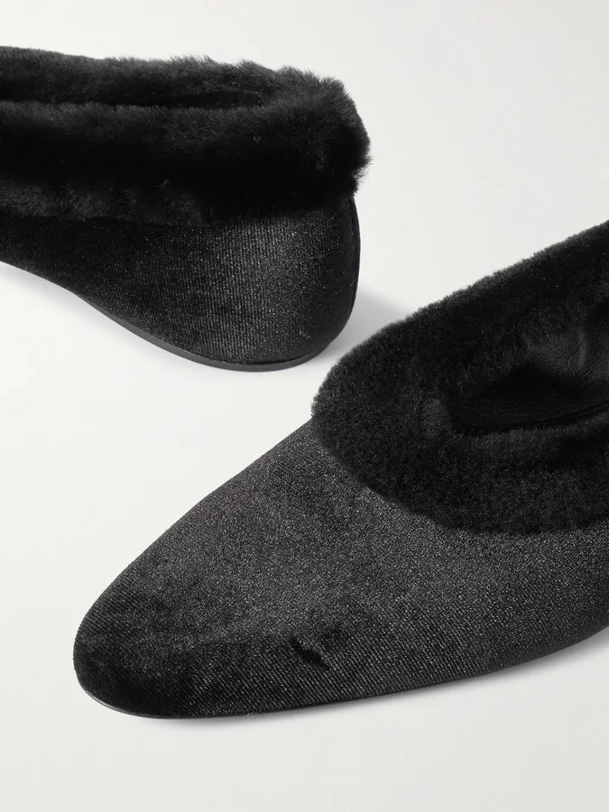 TOTEME - Shearling-trimmed Velvet Ballet Flats - Black - Image 4