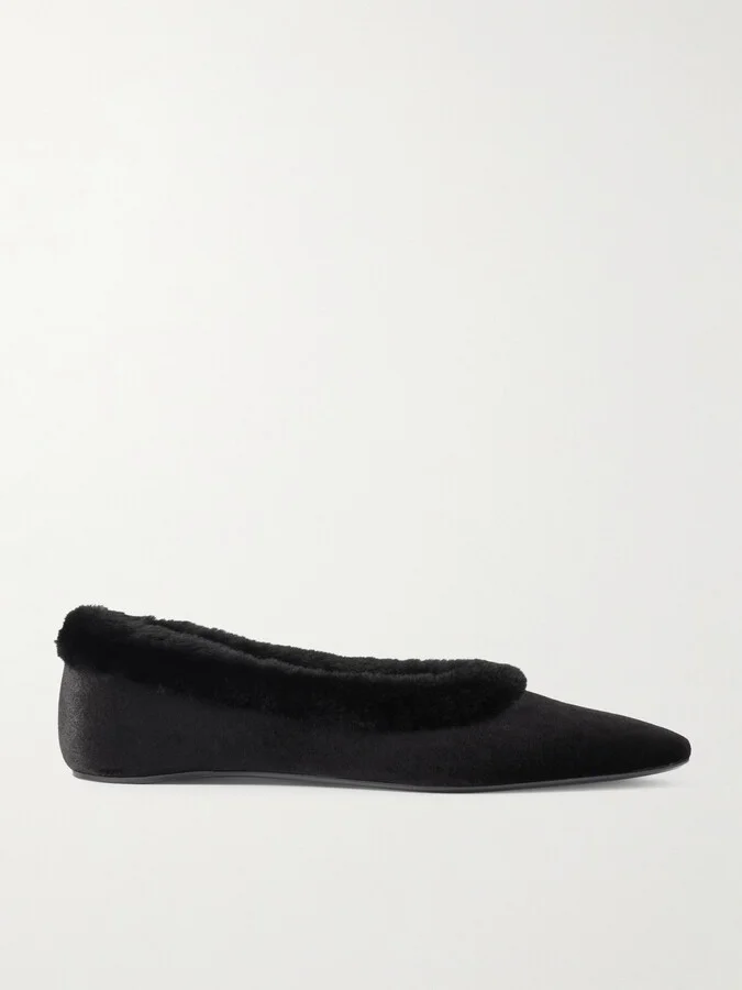 TOTEME - Shearling-trimmed Velvet Ballet Flats - Black
