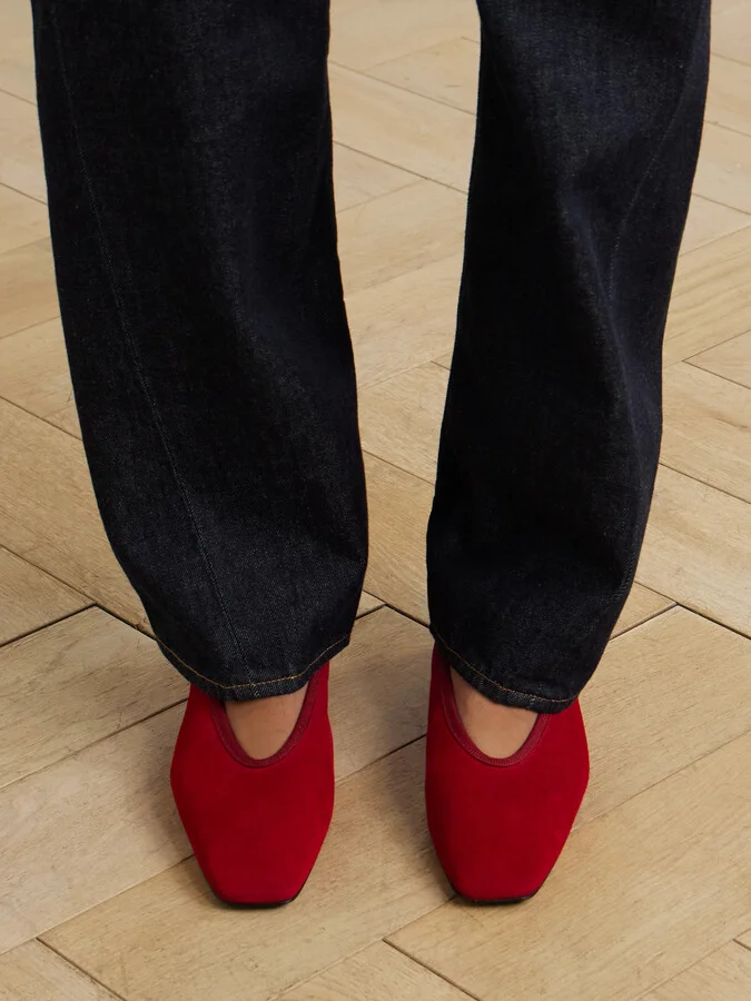TOTEME - The Minimalist Grosgrain-trimmed Suede Ballet Flats - Red - Image 2