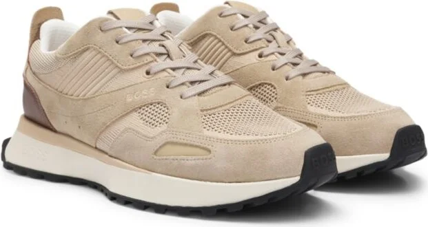 Trainers with knit and burnished-leather trims