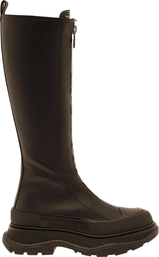 'tread Slick' Black Boots With Embossed Logo And Chunky Platform In Leather Woman