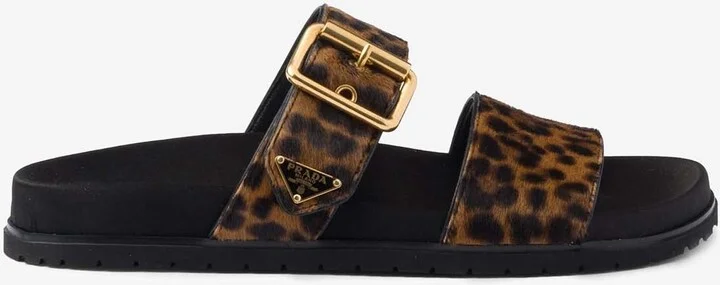 Triangle Logo Leopard Print Flat Sandals