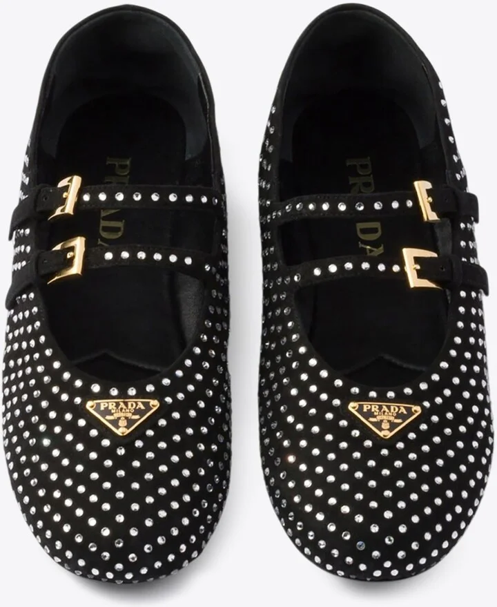Triangle Logo Studded Velvet Ballet Flats - Image 2