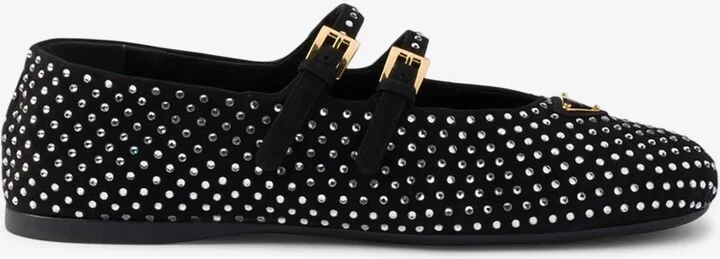 Triangle Logo Studded Velvet Ballet Flats