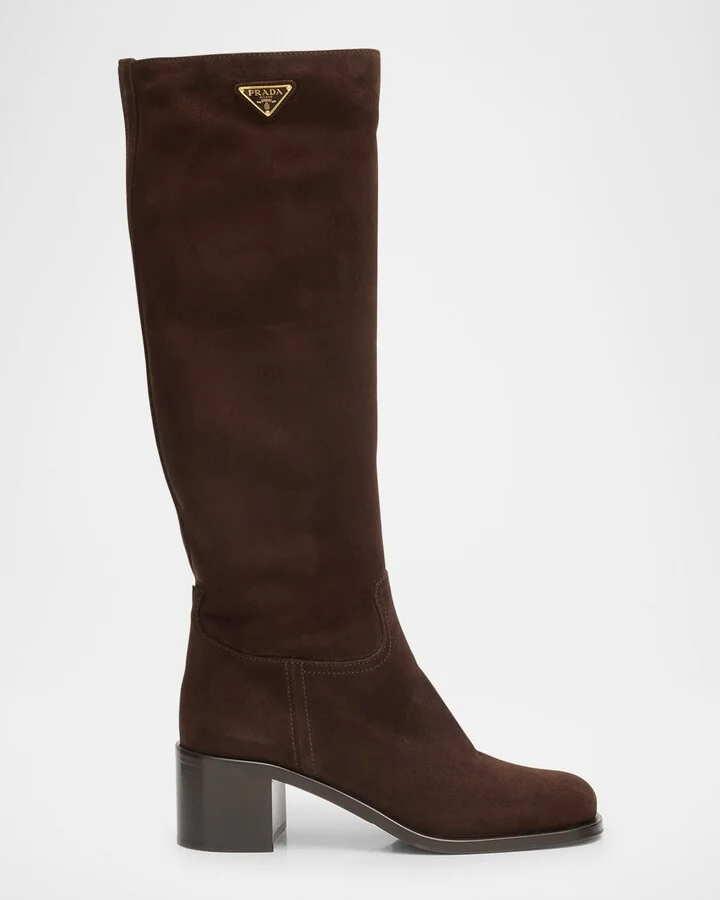 Triangle Logo Suede Knee-High Boots