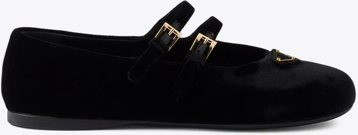 Triangle Logo Velvet Ballet Flats