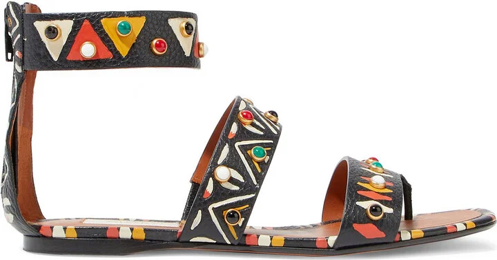 Tribal studded printed pebbled-leather sandals