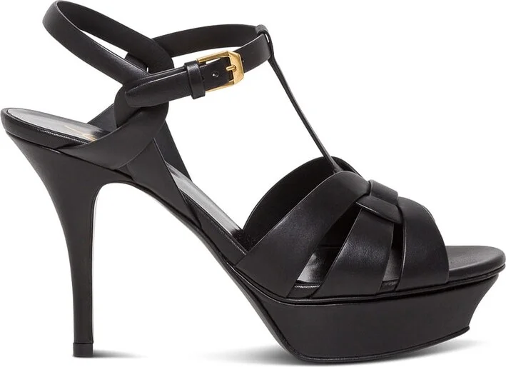 Tribute Black Sandals With Heel And Platform In Leather Saint Laurent Woman