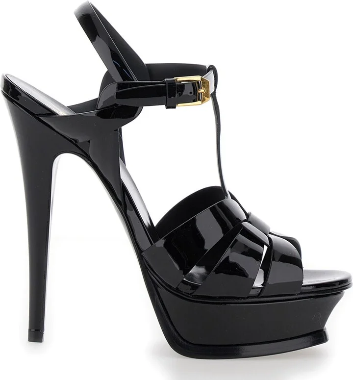 'tribute' Black Sandals With Logo In Patent Leather Woman