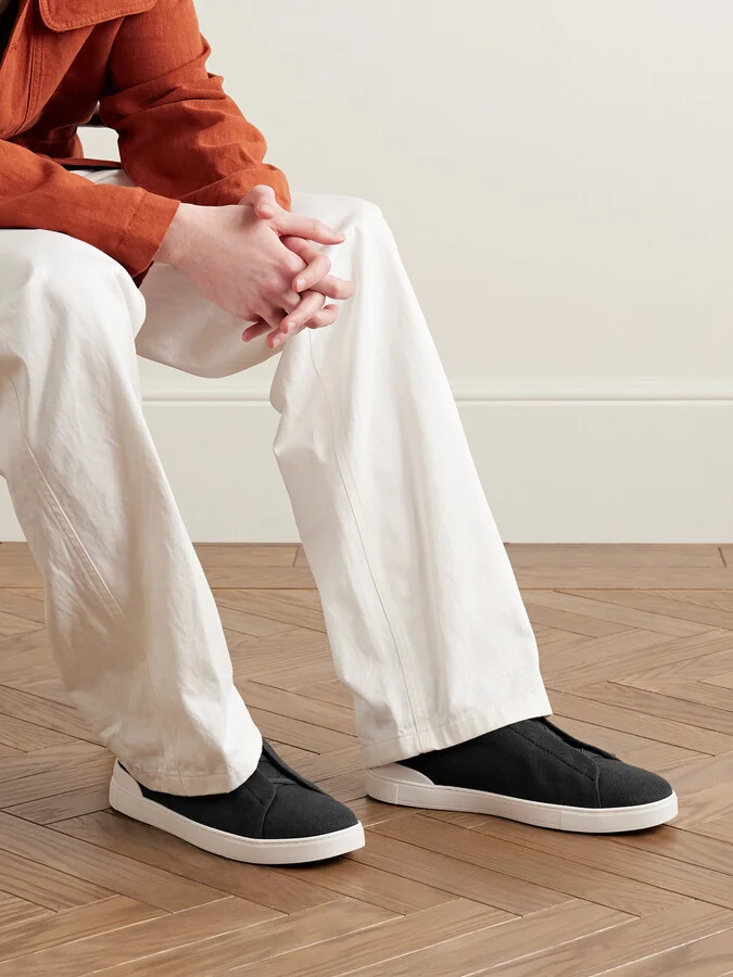 Triple Stitch™ Leather-Trimmed Linen-Canvas Slip-On Sneakers - Image 2