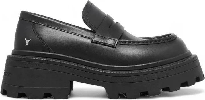 True - Women's Black Slip On Chunky Leather Loafers