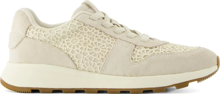 TRVL LITE Retro Runner Water Repellent Light Sand Suede and Moroccan Crochet Sneaker
