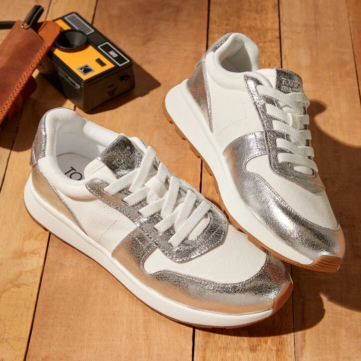 TRVL LITE Retro Runner Water Repellent Silver Crinkle Metallic Leather and Vintage Twill Sneaker - Image 2