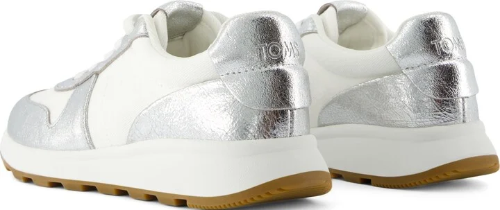 TRVL LITE Retro Runner Water Repellent Silver Crinkle Metallic Leather and Vintage Twill Sneaker - Image 4