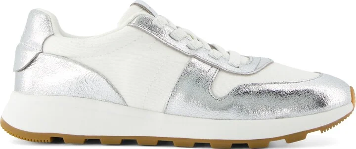 TRVL LITE Retro Runner Water Repellent Silver Crinkle Metallic Leather and Vintage Twill Sneaker