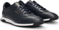 Tumbled-leather lace-up trainers with plain trims- Dark Blue Men's Sneakers size 9