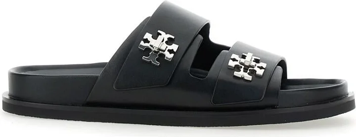 'Turnlock' Black Sandals With Double Strap And Logo Plaque In Leather Woman