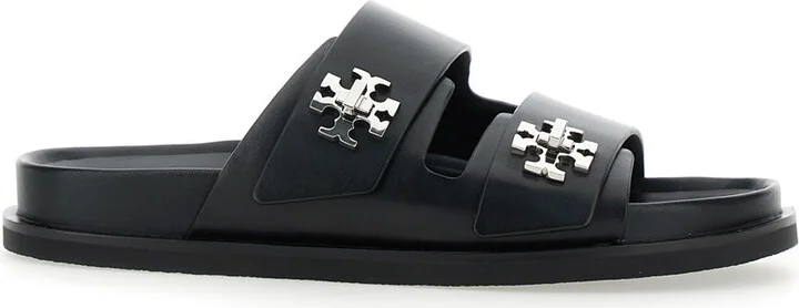 'turnlock' Black Sandals With Double Strap And Logo Plaque In Leather Woman