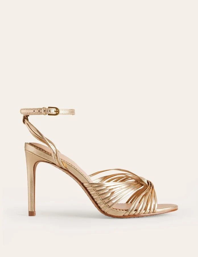 Twist Front Heeled Sandals, Gold Metallic Leather - Image 2