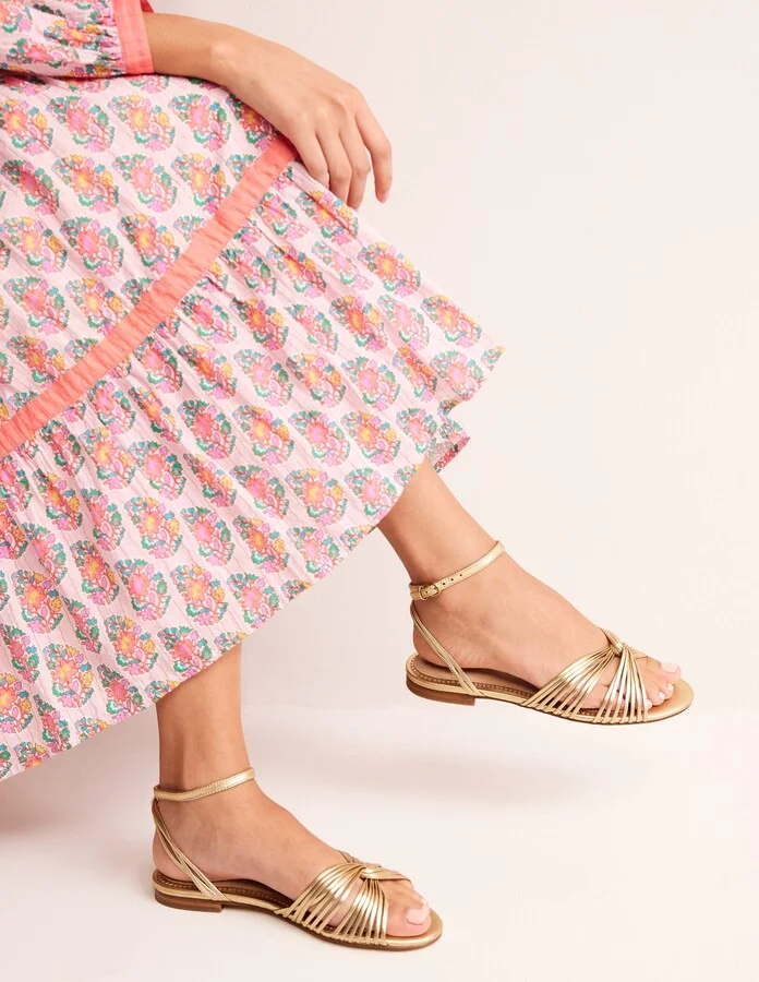 Twist Front Sandals, Gold Metallic Leather