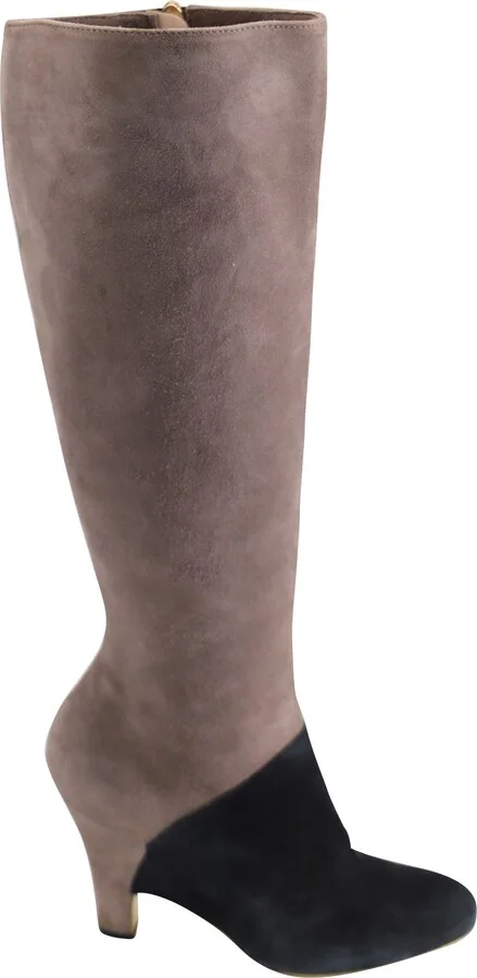 Two Tone Knee High Boots in Ecru Suede