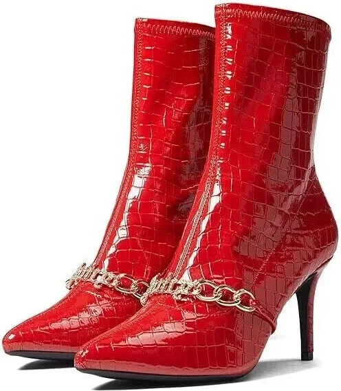 Tyme Bootie Women's 8 Red Croc Leather Stiletto Heel Boots KHD807