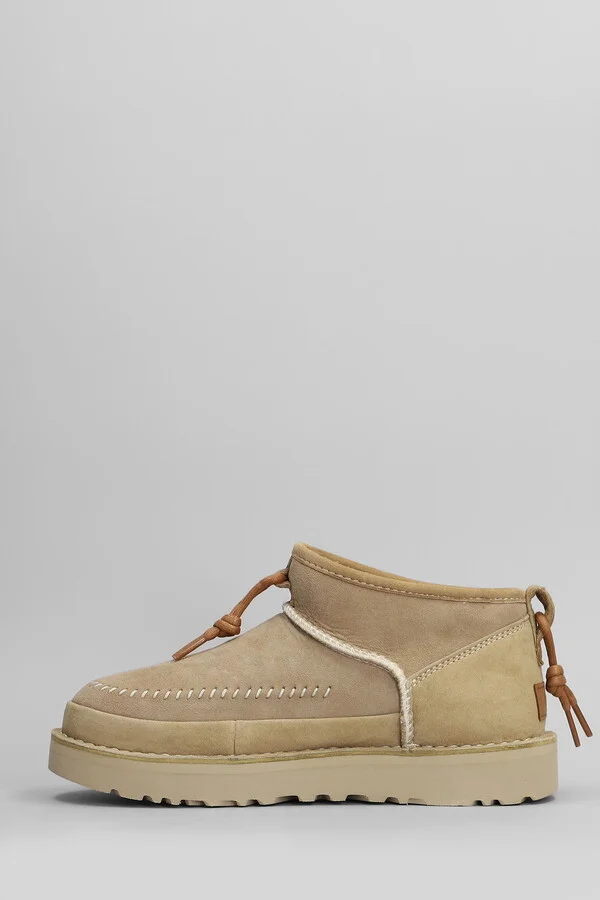 Ultra Mini Crafted Low Heels Ankle Boots In Beige Suede - Image 3