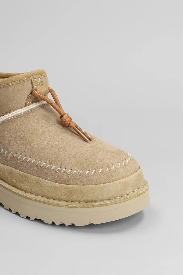 Ultra Mini Crafted Low Heels Ankle Boots In Beige Suede - Image 5