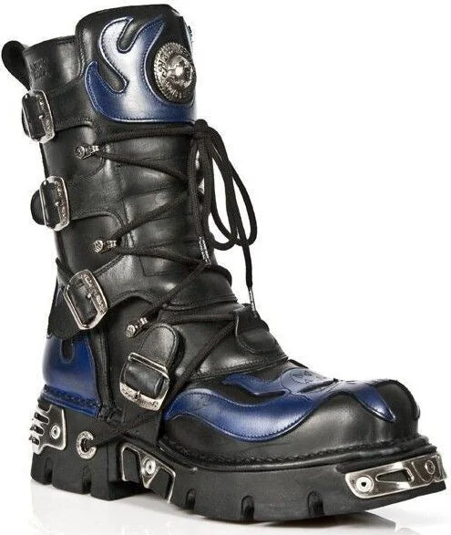 Unisex Black/Blue Leather Gothic Biker Skull Boots-107-C5