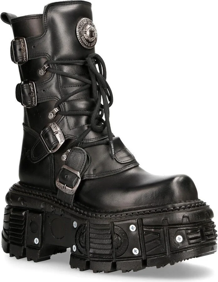 Unisex Black Leather Combat Platform Boots - TANK373-S1