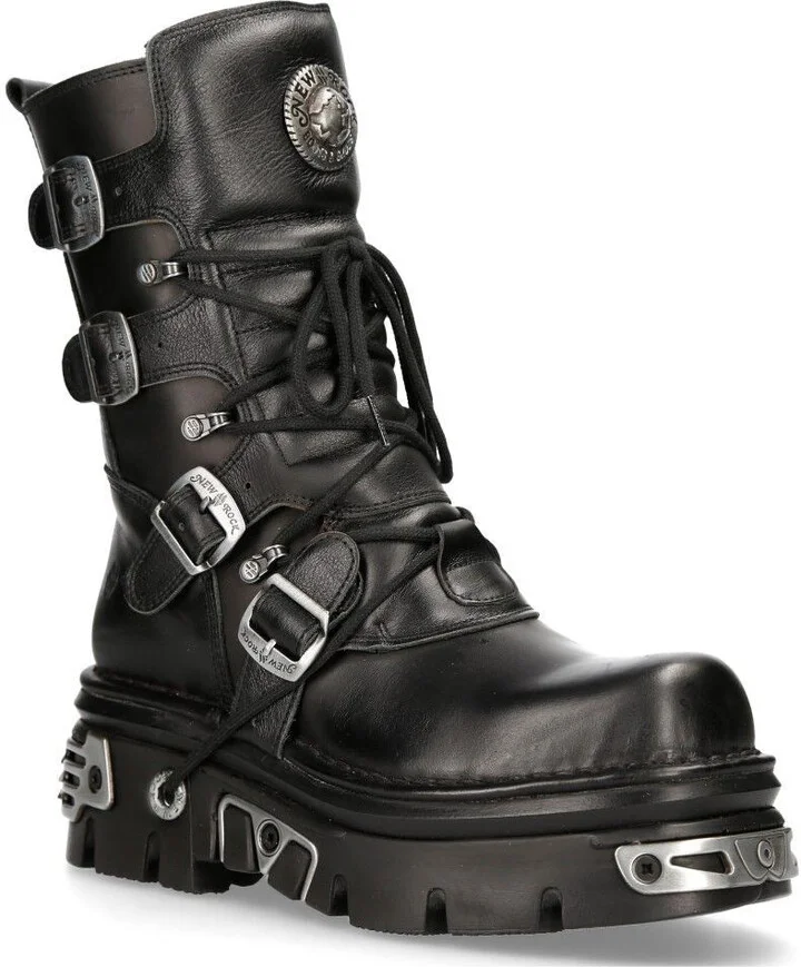 Unisex Black Leather Gothic Mid-Calf Boots-373-S4